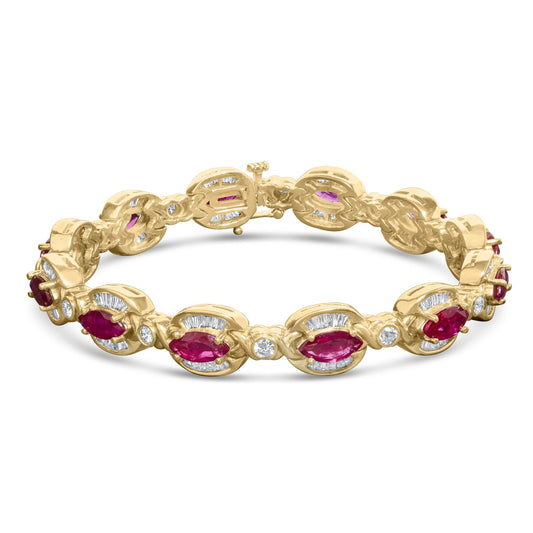 14K Yellow Gold 8x4 MM Marquise Red Ruby and 2.0 Cttw Diamond Vintage Style Oval Link Bracelet - 7.25"