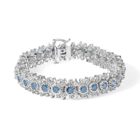 14K White Gold 10.0 Cttw Blue and White Diamond Vintage-Inspired Floral Cluster Link 7" Bracelet (H-I Color, SI2-I1