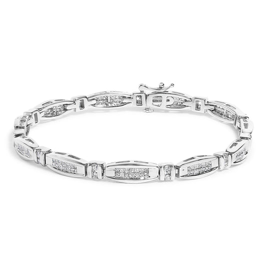 14K White Gold 2.0 Cttw Princess and Round Diamond Bar and Link Bracelet (I-J Color, I1-I2 Clarity) - 7.25" Inches