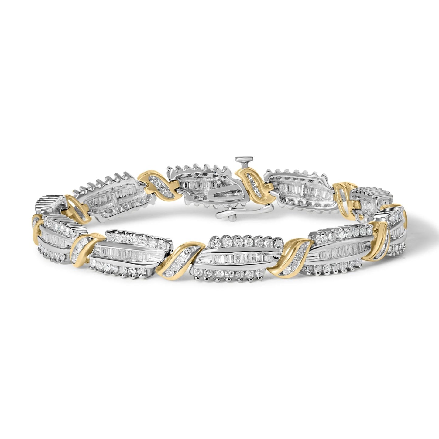 14K Two Tone Gold 3.00 Cttw Diamond Multi Row and S Link Bracelet (H-I Color, I1-I2 Clarity) - 7" Inches