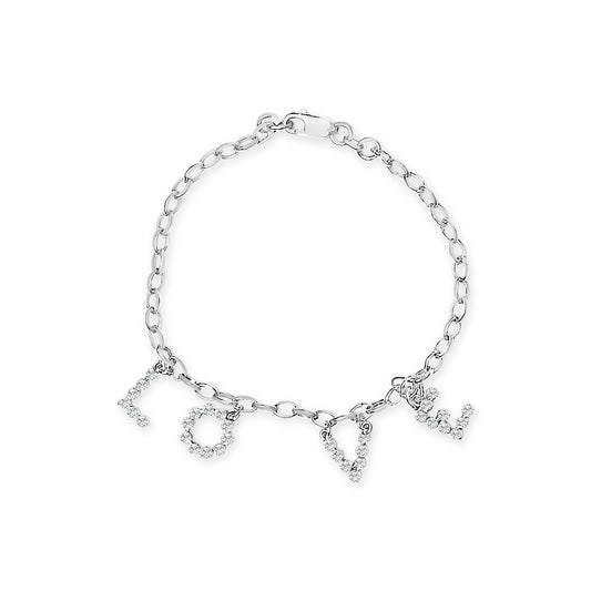 10k White Gold 1/6 Cttw Diamond "Love" Charm Cable Chain Bracelet (H-I Color, I1-I2 Clarity) - 7"