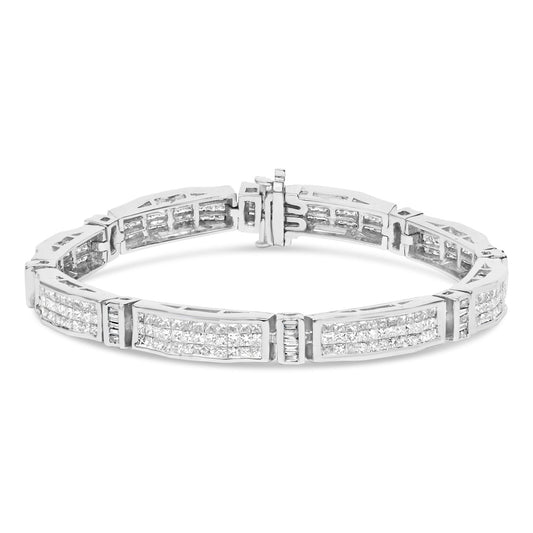 14K White Gold 7.0 Cttw Princess and Baguette Diamond Alternating Link Tennis Bracelet (H-I Color, I1-I2 Clarity) - 7" Inches