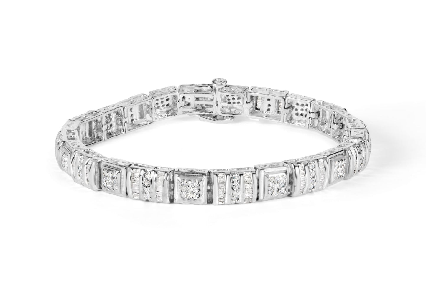 10K White Gold Round and Baguette Cut Diamond Bracelet (2.00 cttw, H-I Color, I2-I3 Clarity)