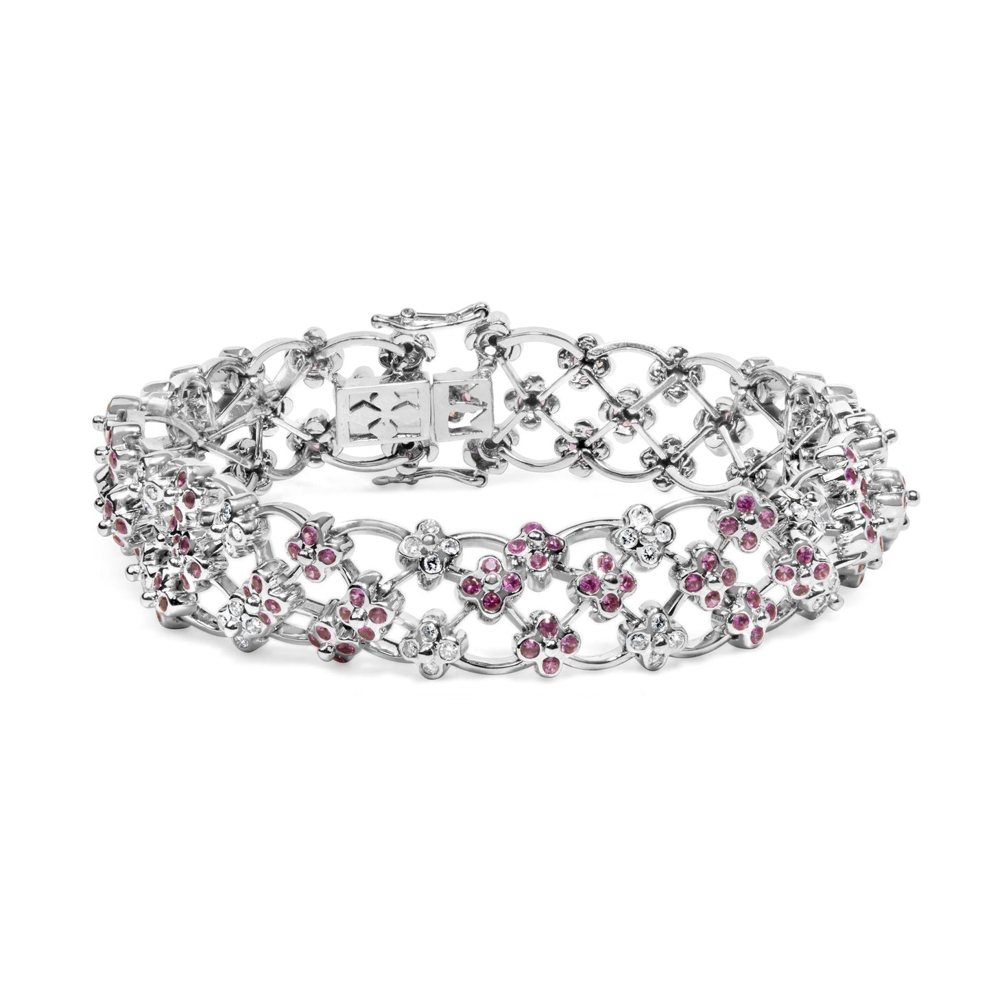 14K White Gold Pink Sapphire and Diamond Floral Lattice Link Bracelet - 7.25" Inches