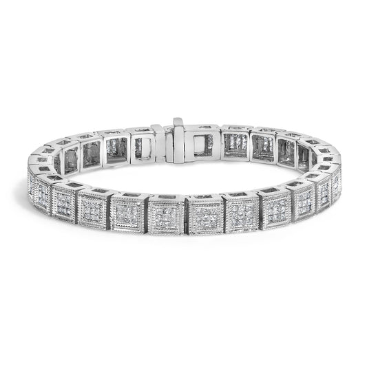 14K White Gold 2 1/5 Cttw Princess Diamond Box Link with Milgrain Tennis Bracelet (H-I Color, SI1-SI2 Clarity) - 6" Inches