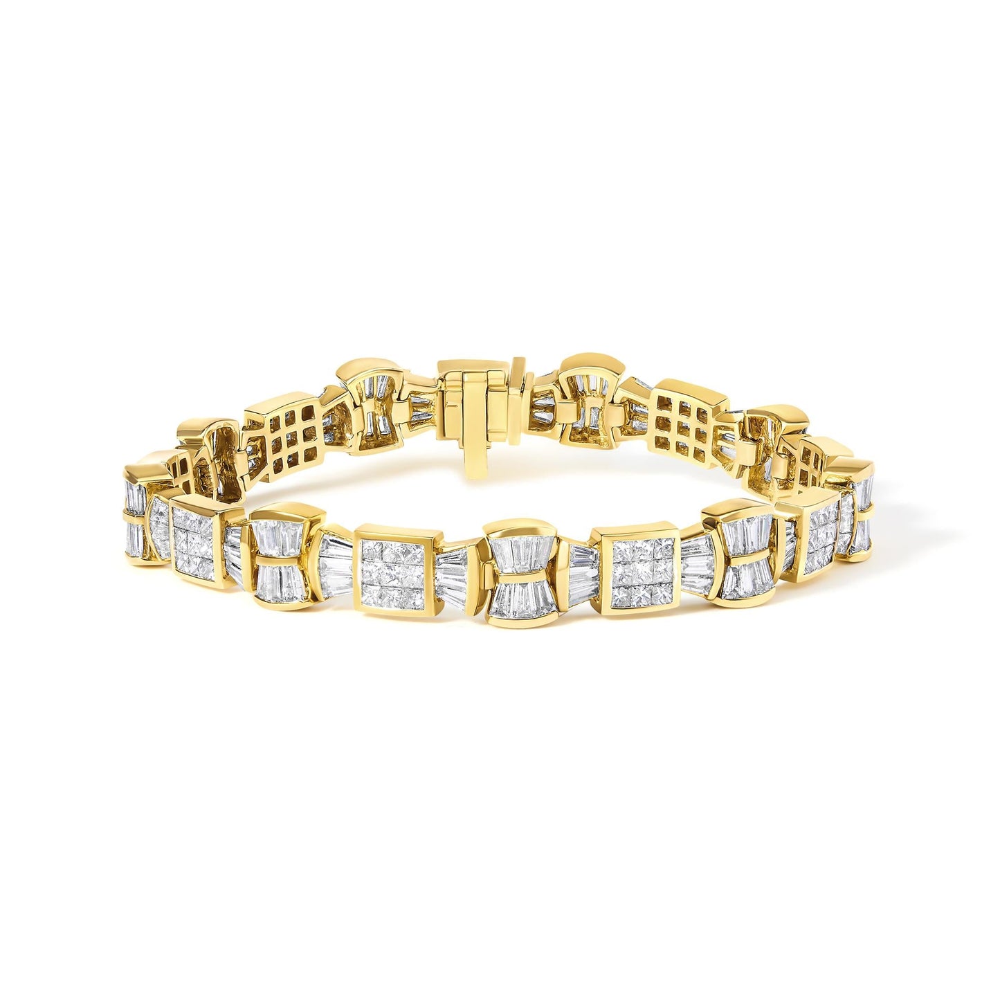 14K Yellow Gold 9 7/8 Cttw Princess and Baguette Diamond Bow and Box Link Tennis Bracelet (G-H Color, VS1-VS2 Clarity) - 7" Inches
