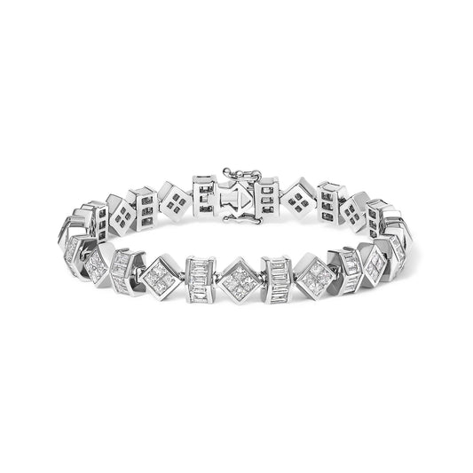 14K White Gold 9.0 Cttw Princess and Baguette Diamond Geometrical Style Link Bracelet (G-H Color, VS1-VS2 Clarity) - 7" Inches