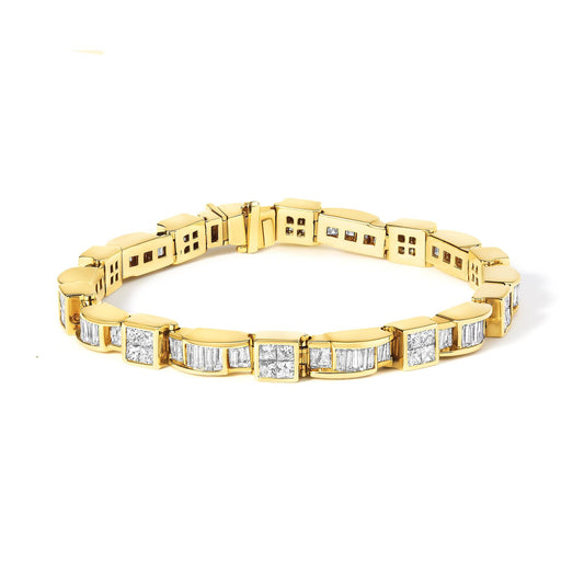14K Yellow Gold 7.0 Cttw Baguette Cut Diamond Alternating Box and Wave Link Bracelet (G-H Color, VS1-VS2 Clarity) - 7" Inches