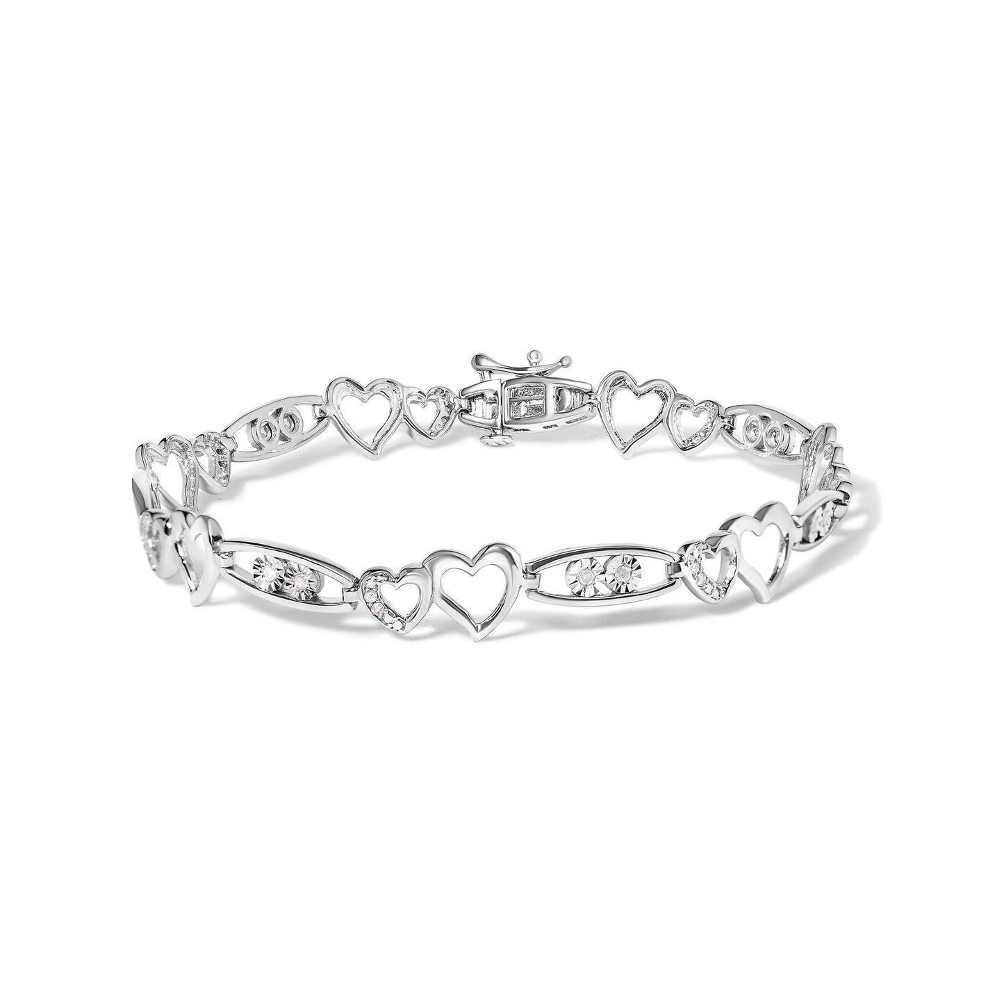 925 Sterling Silver 1/5 Cttw Diamond Double Heart Link Bracelet (I-J Color, I3 Clarity) - 7.25" Inches