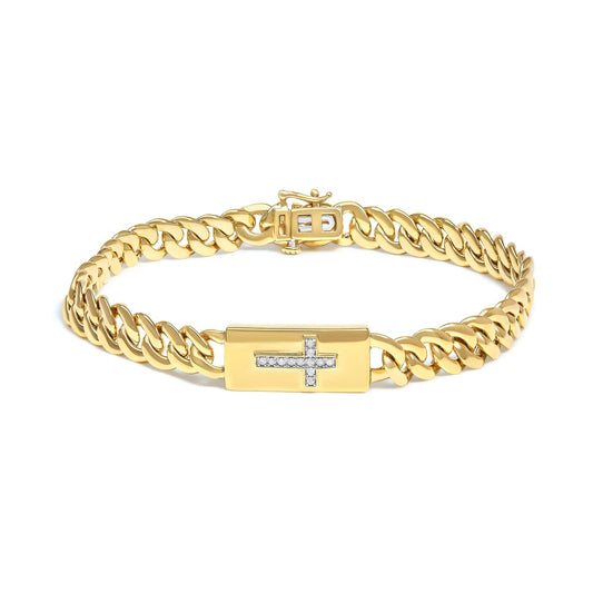 14K Yellow Gold Plated .925 Sterling Silver Diamond Accent Inlaid Cross Cuban Link Bracelet (I-J Color, I3 Clarity)-  7.25"