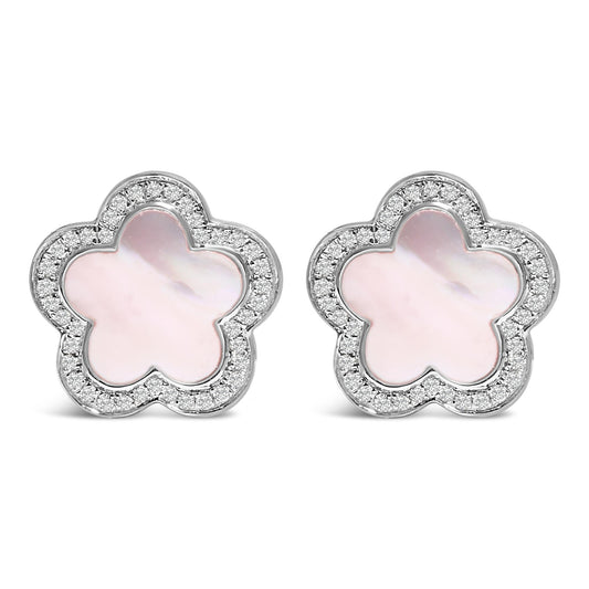 14K White Gold Mother of Pearl and 1/5 Cttw Diamond Halo Star Stud Earrings