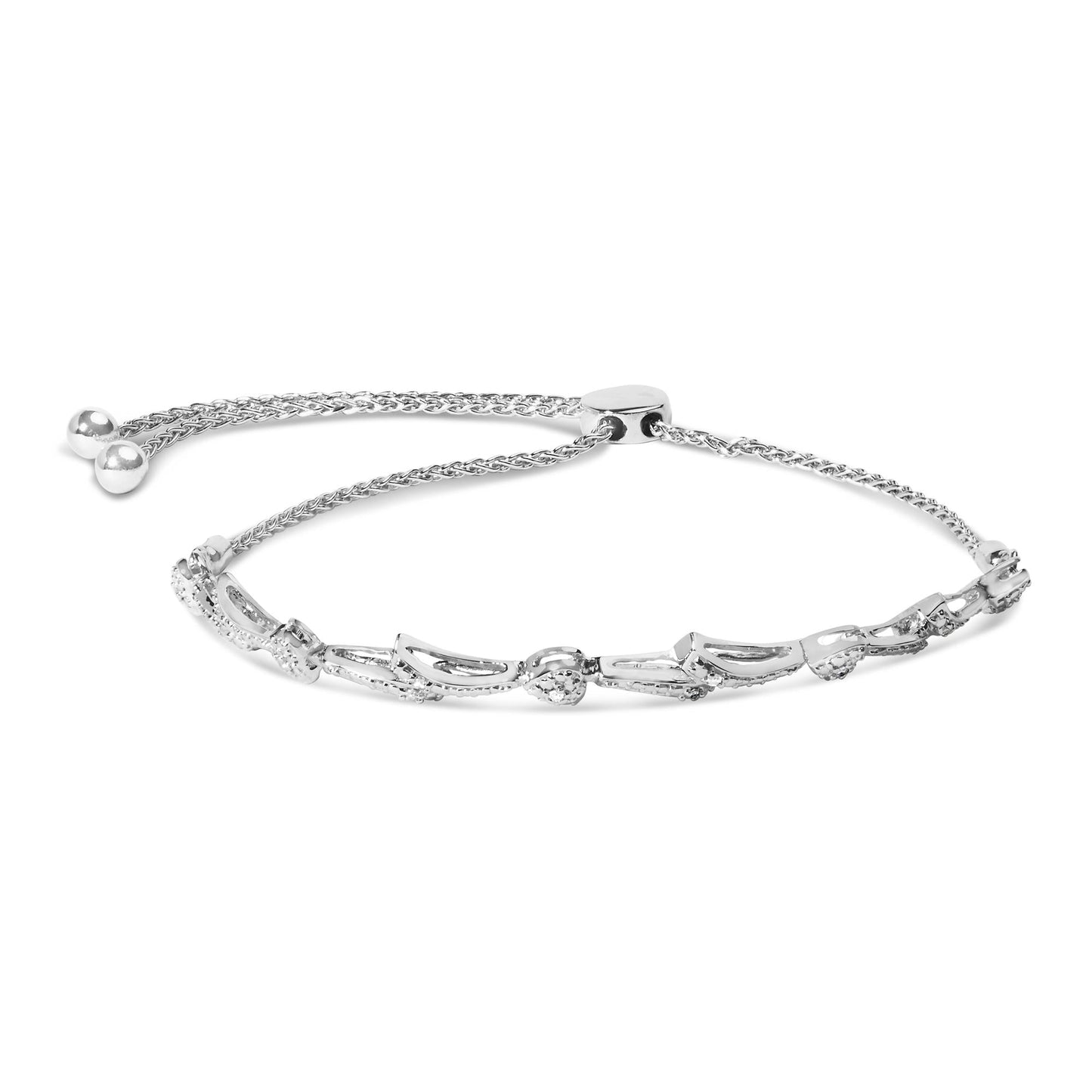 .925 Sterling Silver Diamond Accent Heart and Wave Link Bolo Bracelet (I-J Color, I2-I3 Clarity) - 6" to 9" Adjustable