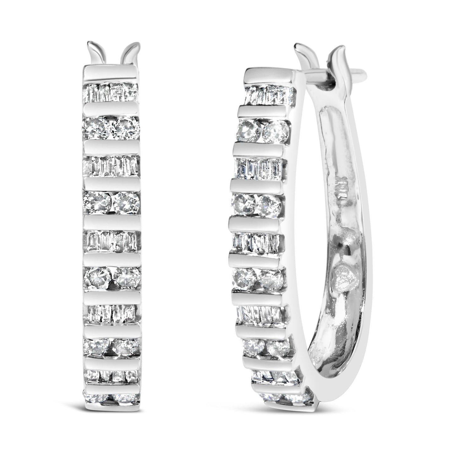 10K White Gold 1.0 Cttw Alternating  Diamond "U" Hoop Earrings (I-J Color, I2-I3 Clarity)