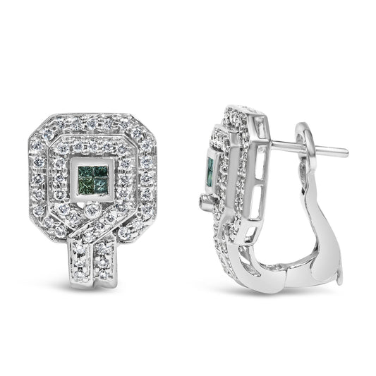 14K White Gold 1.0 Cttw Treated Blue and White Diamond Octagonal Shield Omega Back Earrings (H-I Color, SI1-SI2 Clarity)