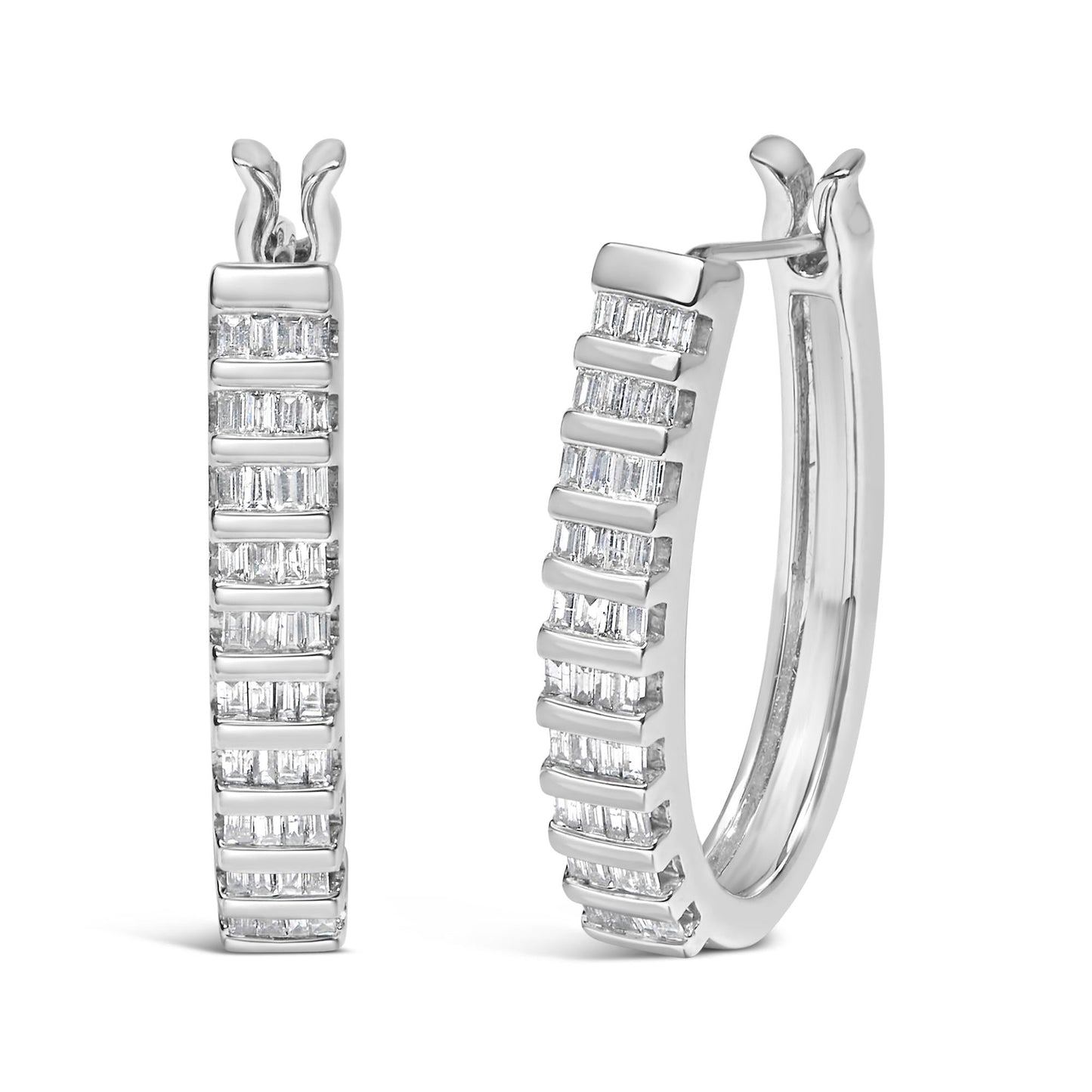 14K White Gold 5/8 Cttw Channel Set Baguette Diamond Row Hoop Earrings (H-I Color, SI1-SI2 Clarity)