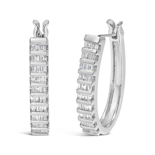 14K White Gold 5/8 Cttw Channel Set Baguette Diamond Row Hoop Earrings (H-I Color, SI1-SI2 Clarity)