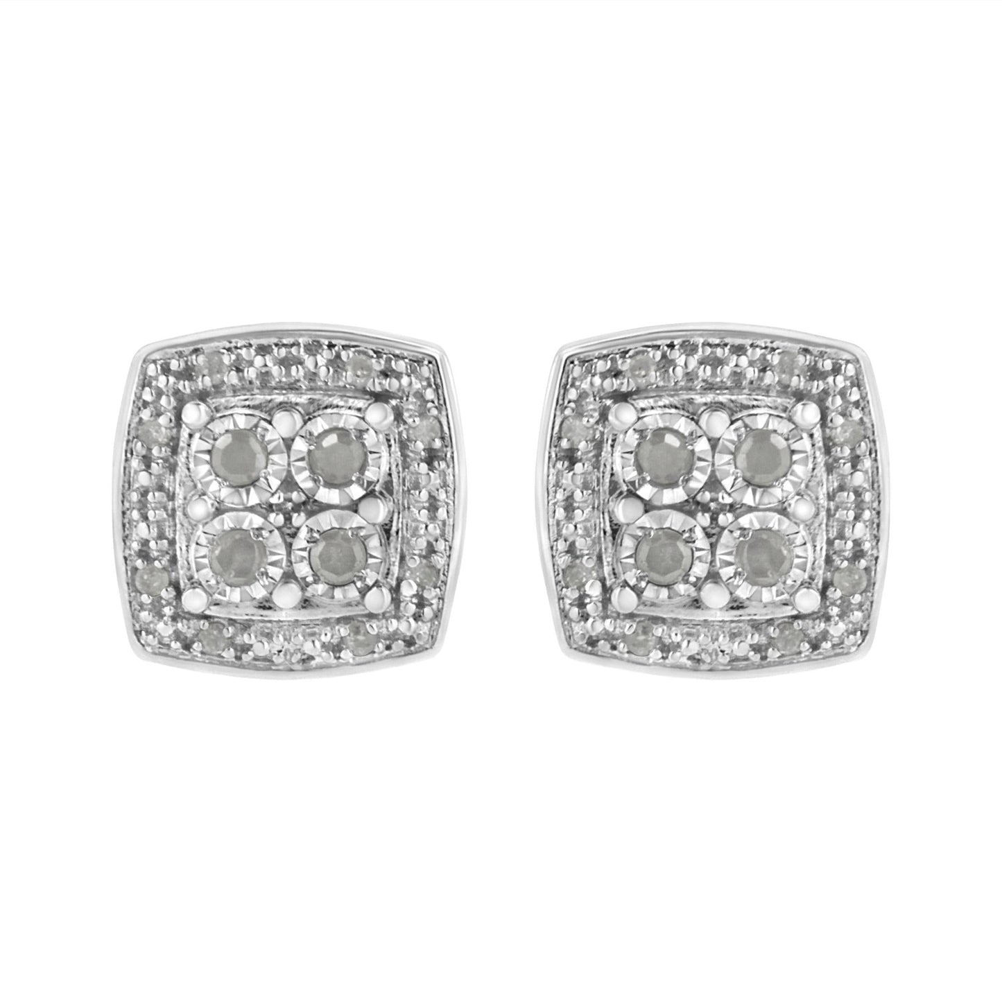 .925 Sterling Silver 1/4 cttw Round Cut Diamond Square Shape Milgrain Stud Earrings (I-J Color, I3 Clarity)