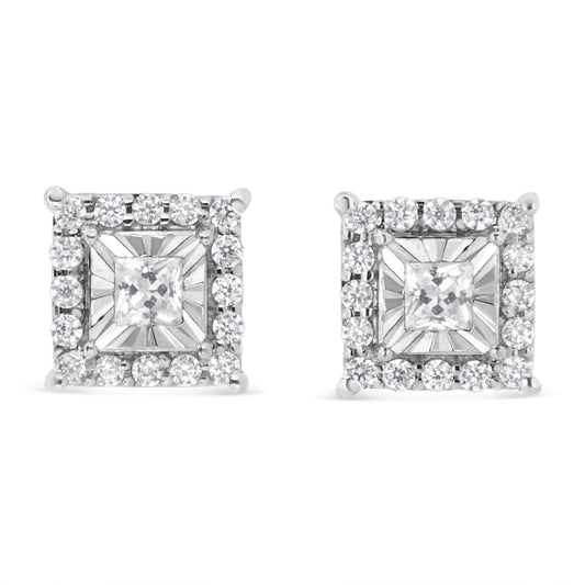 .925 Sterling Silver 1/4 Cttw Princess and Round Cut Diamond Halo Stud Earrings (I-J Color, I2-I3 Clarity)