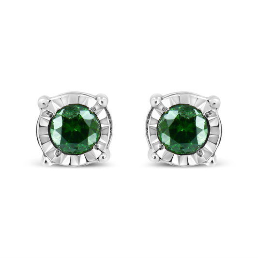 Sterling Silver Rose Cut Treated Green Diamond Solitaire Stud Earrings (0.25 cttw, Green Color, I2-I3 Clarity)
