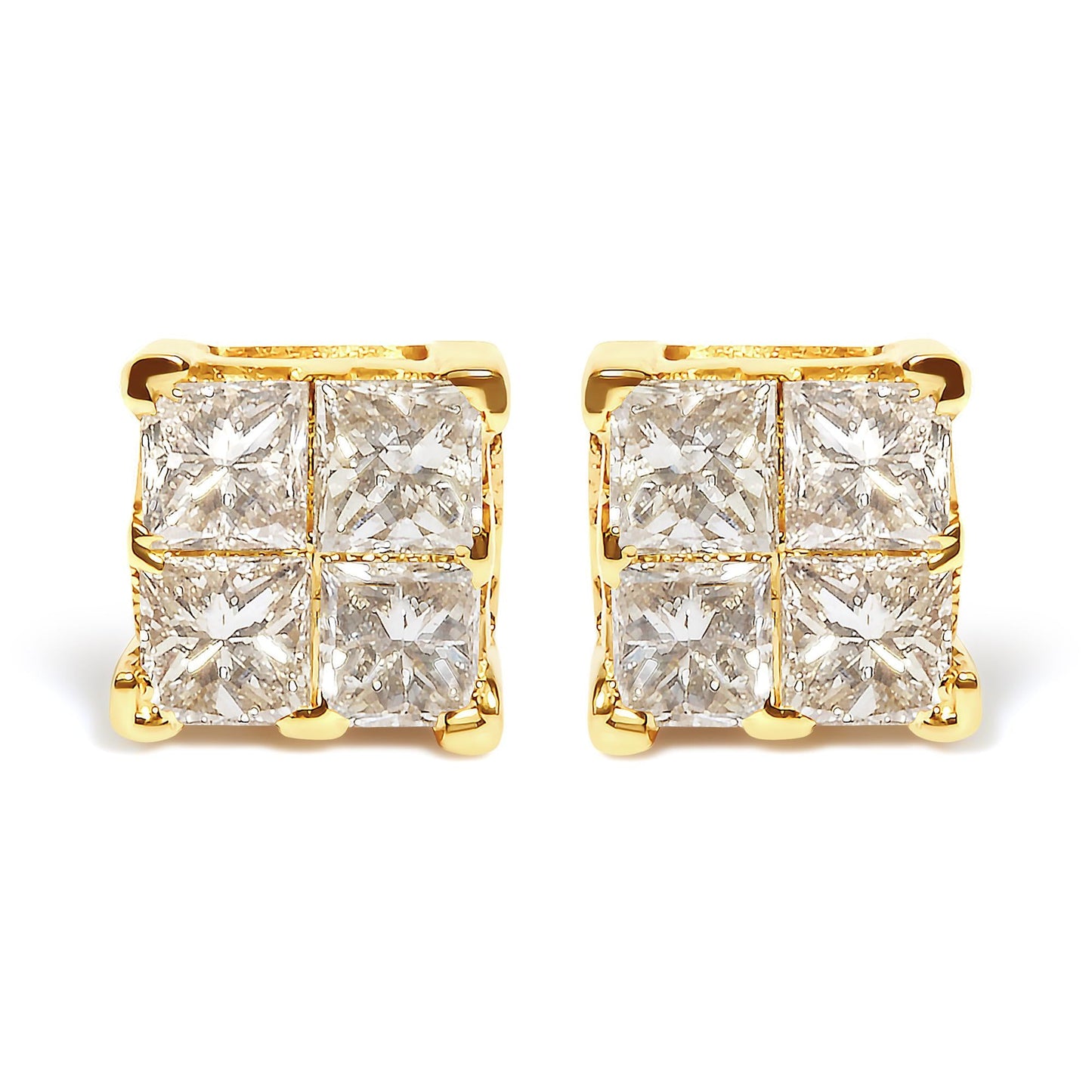 14K Yellow Gold 3/4 Cttw Invisible Set Princess-Cut Diamond 4 Stone Square Stud Earrings (J-K Color, SI2-I1 Clarity)
