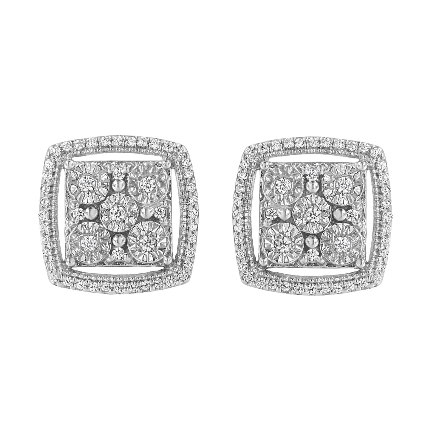 .925 Sterling Silver 3/8 Cttw Miracle Set Round Diamond Double Halo Cluster Earrings (I-J Color, I2-I3 Clarity)