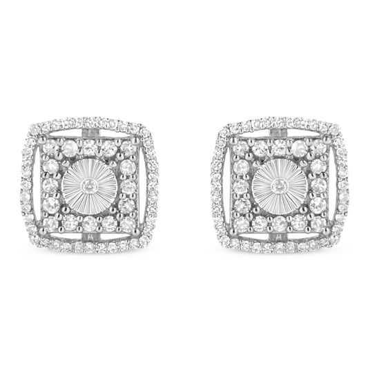 .925 Sterling Silver 1.0 Cttw Round Diamond Double Halo and Disc Stud Earring (I-J Color, I2-I3 Clarity)