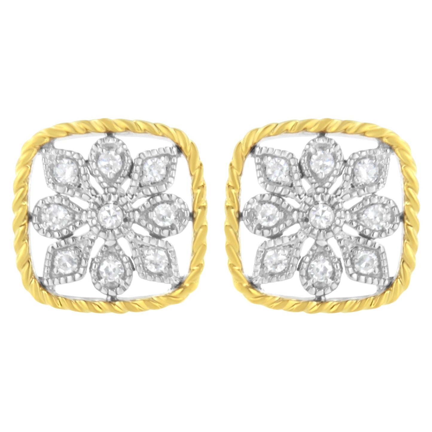 10K Yellow Gold Plated .925 Sterling Silver 1/4 cttw Diamond "Flower in a Box" Stud Earrings (I-J Color, I2-I3 Clarity)