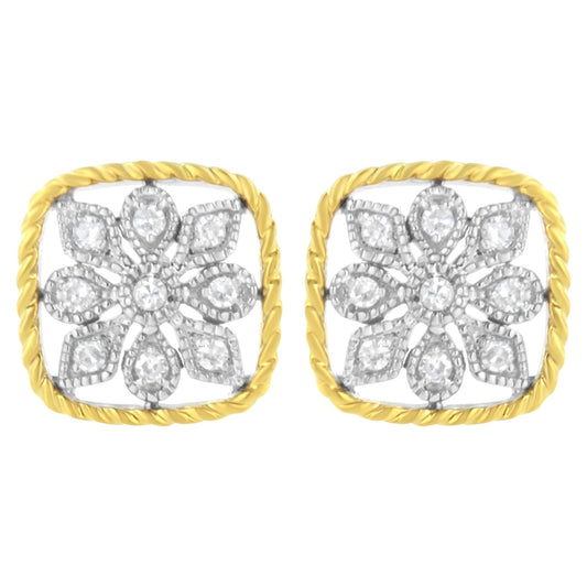 10K Yellow Gold Plated .925 Sterling Silver 1/4 cttw Diamond "Flower in a Box" Stud Earrings (I-J Color, I2-I3 Clarity)