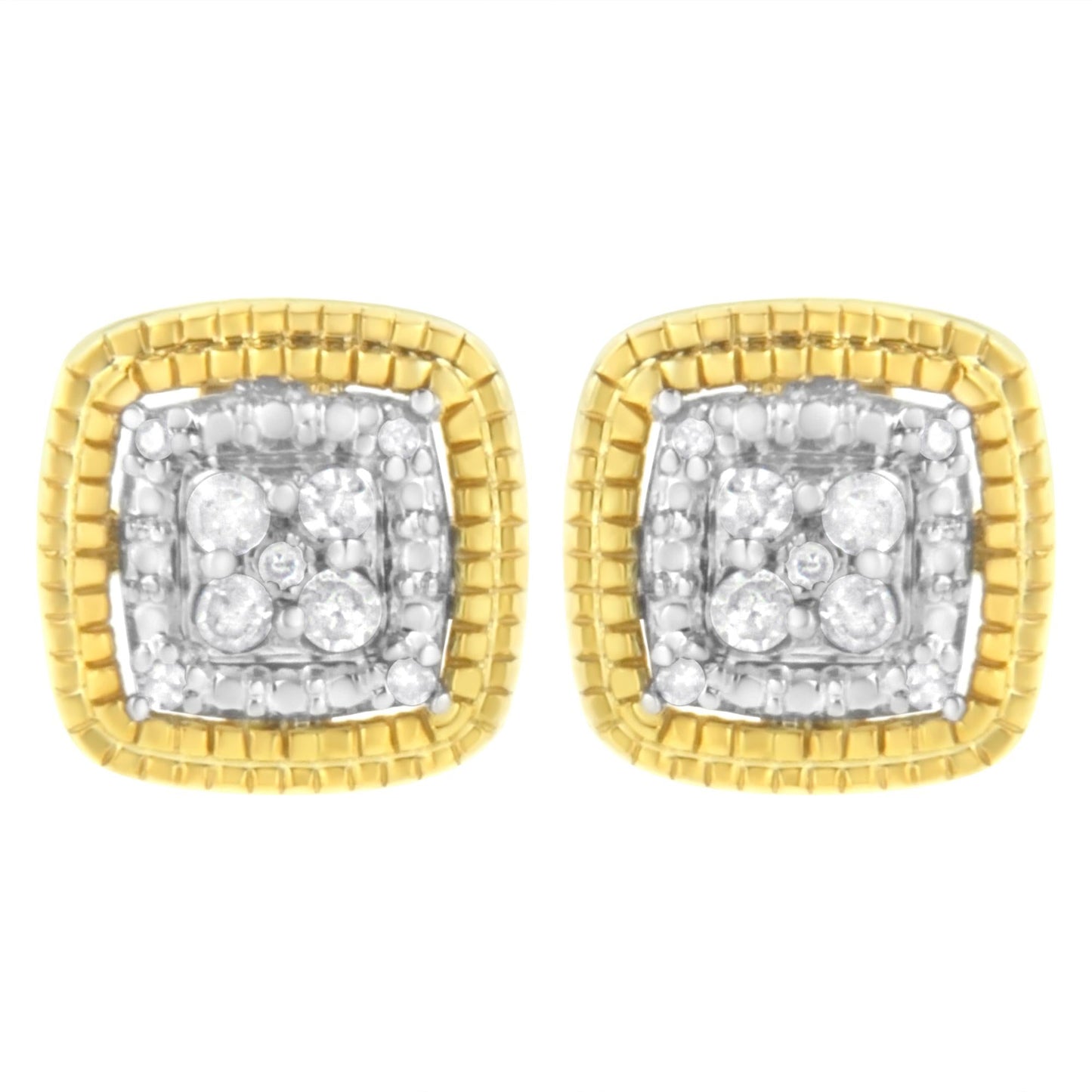 .925 Sterling Silver 1/10 Cttw Prong-Set Round Cut Diamond Square Shape with Milgrain Halo Stud Earrings (I-J Color, I2-I3 Clarity)