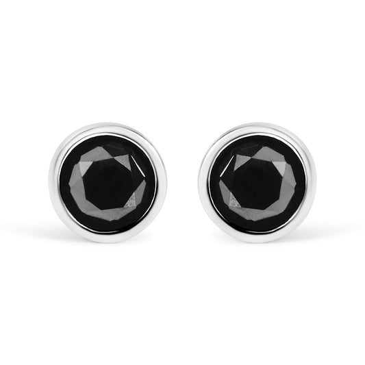.925 Sterling Silver Round Brilliant-Cut Black Diamond Bezel-Set Stud Earrings with Screw Backs (Fancy Color-Enhanced, I2-I3 Clarity)