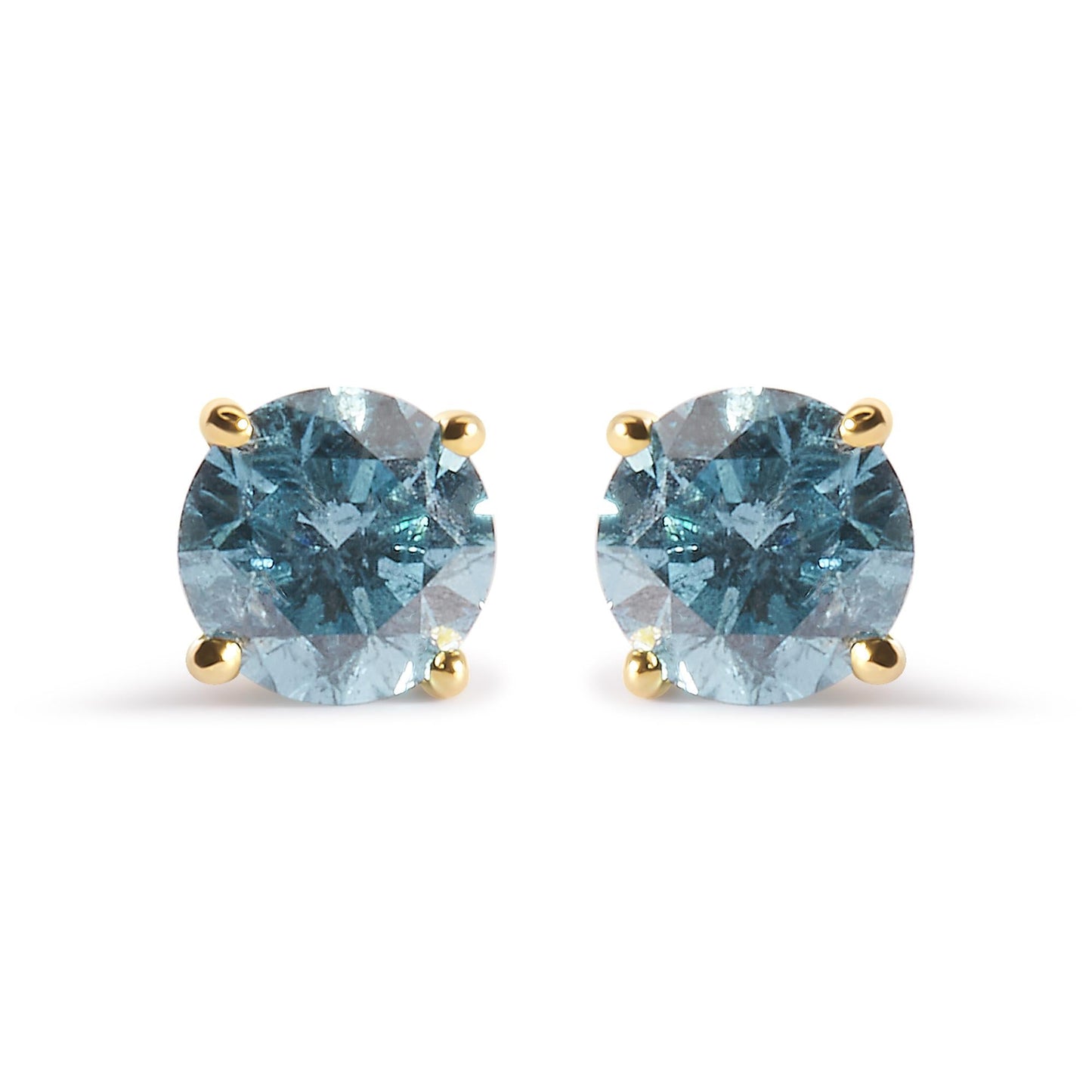 14K Yellow Gold 1.0 Cttw Treated Aqua Blue Diamond Classic Solitaire Stud Earrings (Aqua Blue Color, I2-I3 Clarity)