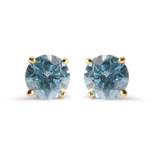 14K Yellow Gold 1.0 Cttw Treated Aqua Blue Diamond Classic Solitaire Stud Earrings (Aqua Blue Color, I2-I3 Clarity)