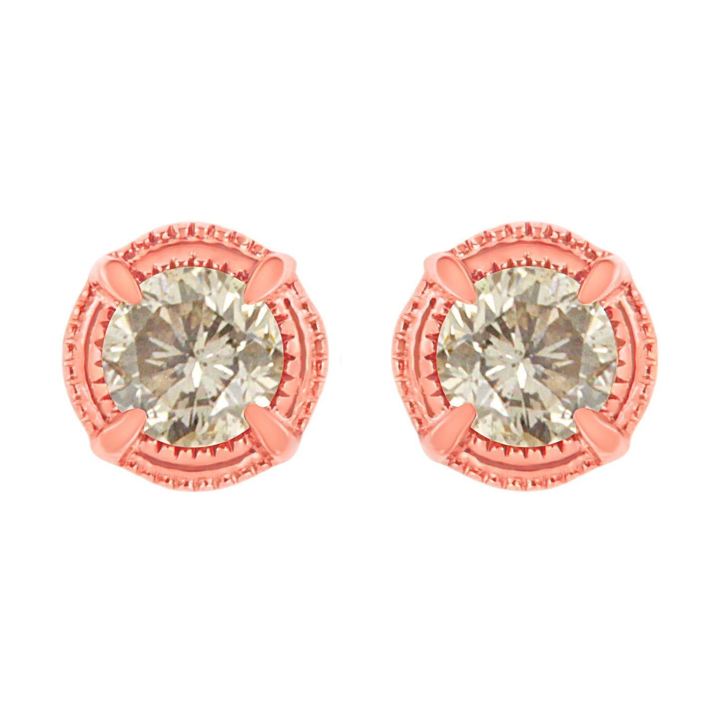 .925 Sterling Silver Round Brilliant Cut Diamond Solitaire Milgrain Stud Earrings