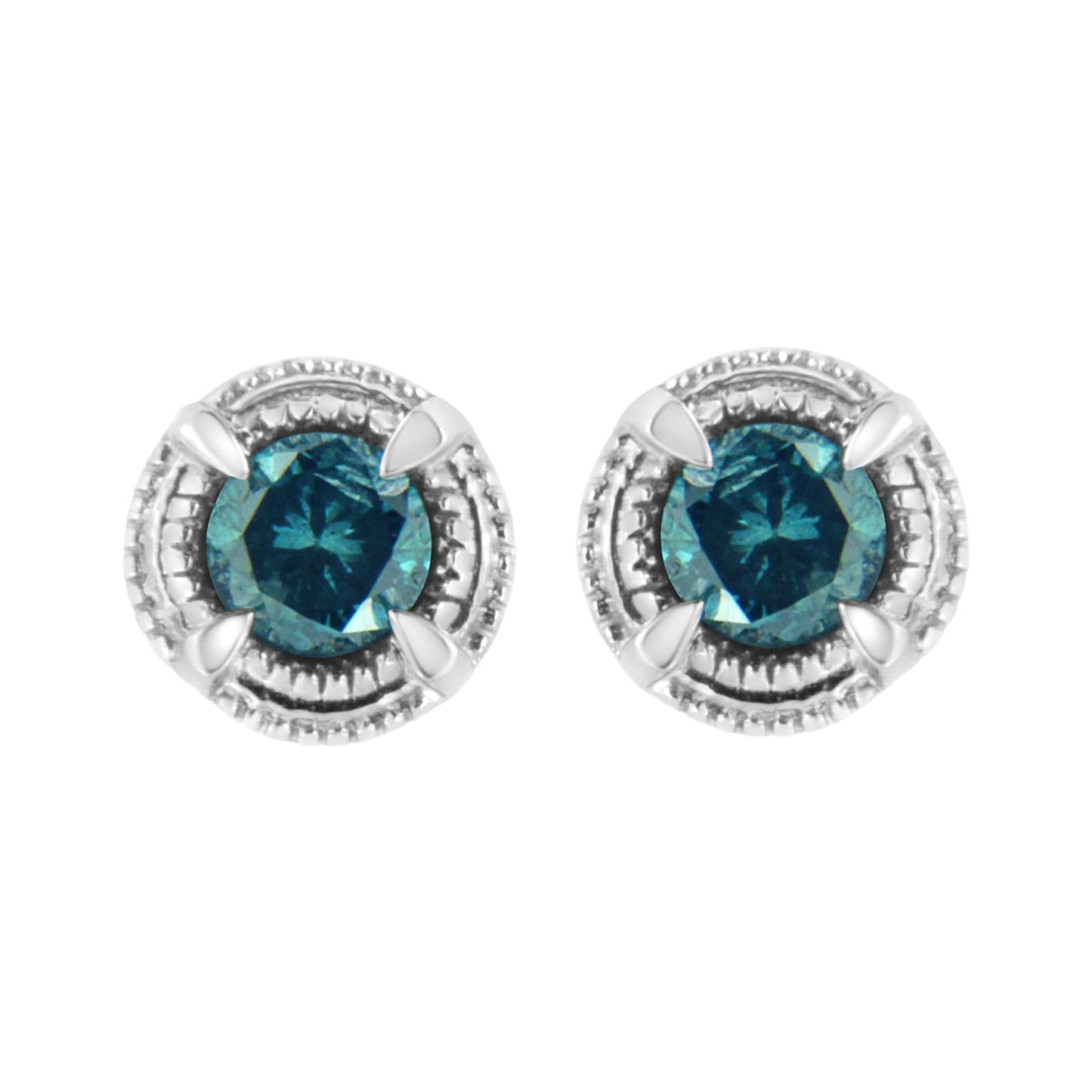 .925 Sterling Silver Treated Colored Diamond Modern 4-Prong Solitaire Milgrain Stud Earrings