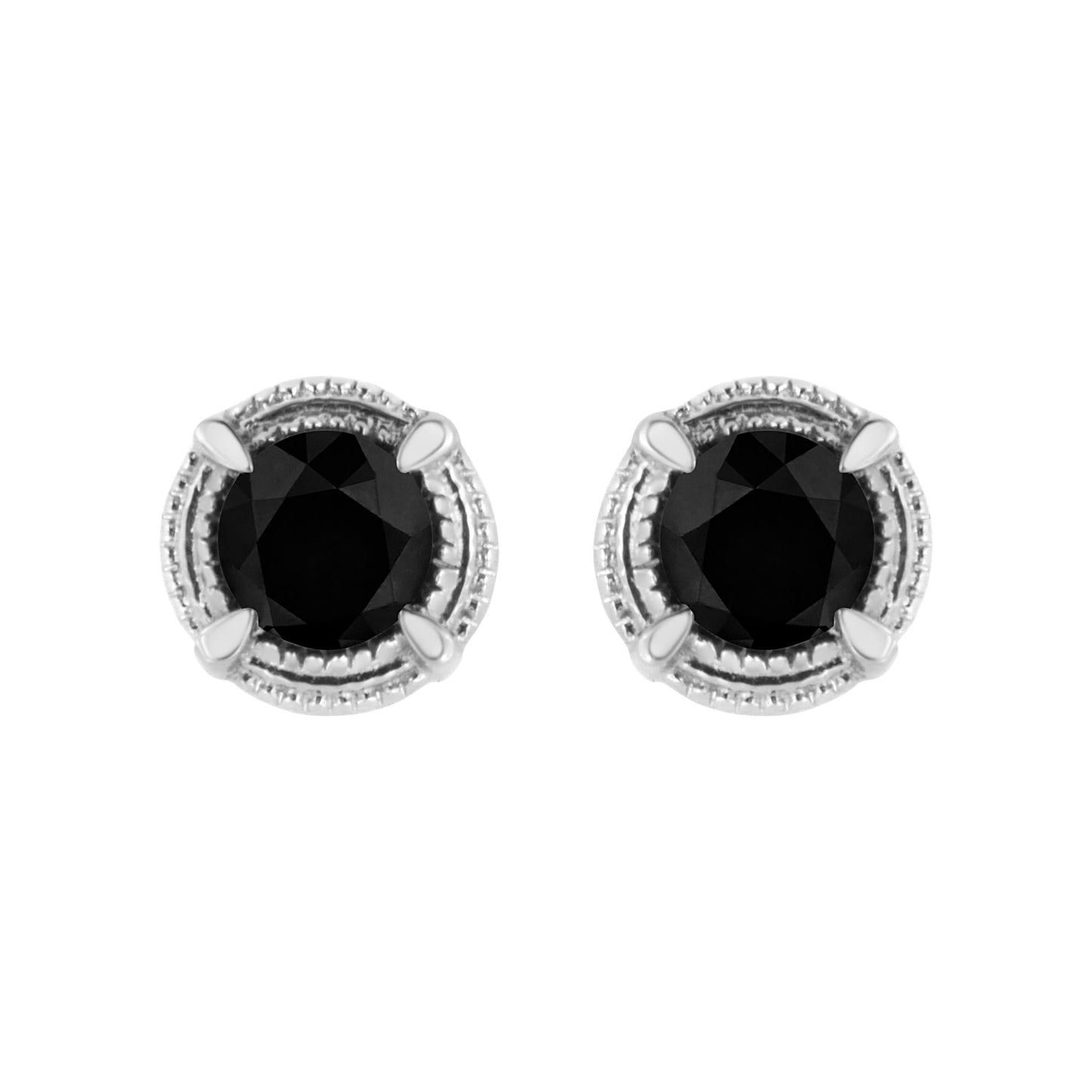 .925 Sterling Silver Treated Colored Diamond Modern 4-Prong Solitaire Milgrain Stud Earrings
