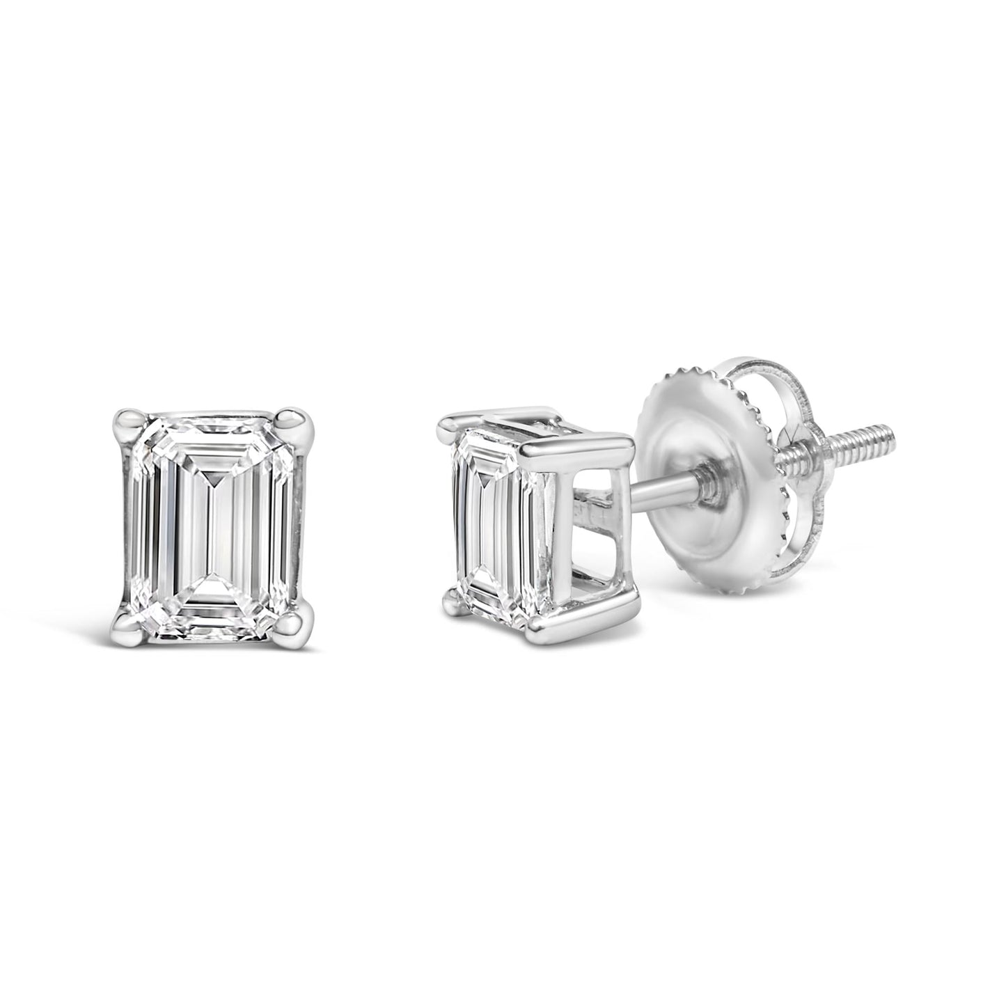 14K White Gold Emerald Cut Lab-Grown Diamond Solitaire Stud Earrings (F-G Color, VS1-VS2 Clarity)
