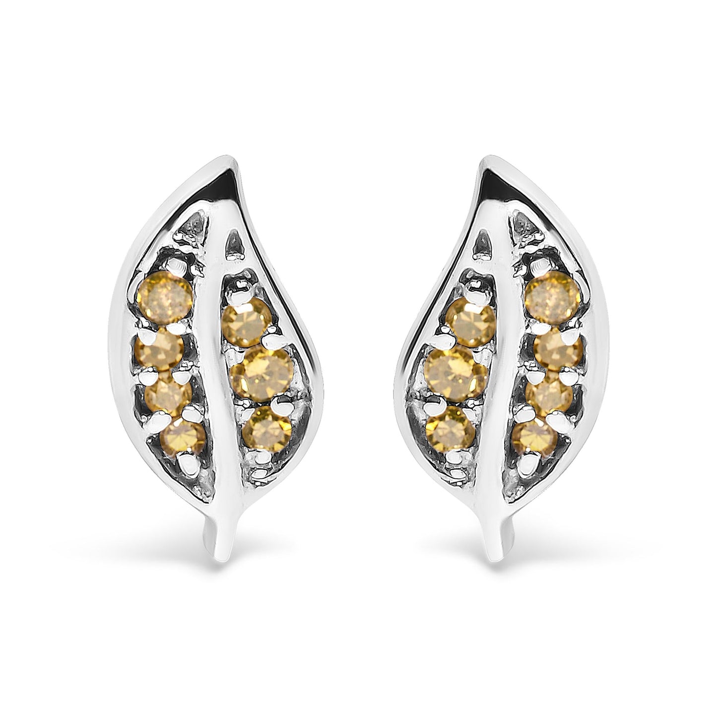 .925 Sterling Silver Yellow Diamond Accent Leaf Stud Earrings (Yellow Color, SI1-SI2 Clarity)