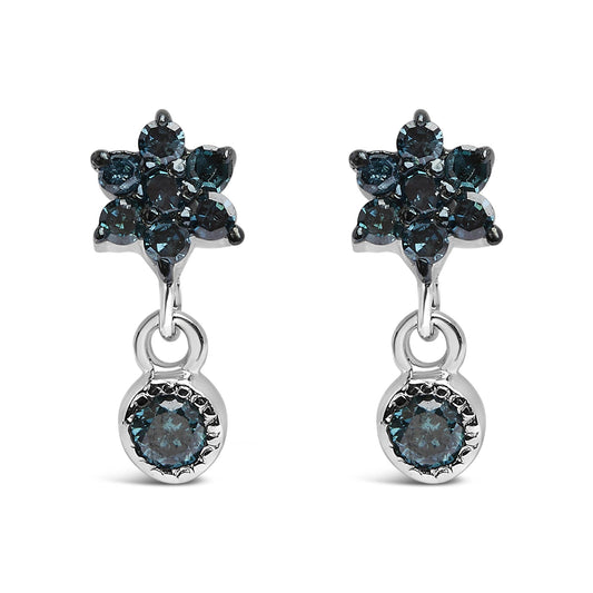 .925 Sterling Silver 1/10 Cttw Blue Diamond Star Stud with Bezel Drop Dangle Earrings (Blue Color, I2-I3 Clarity)