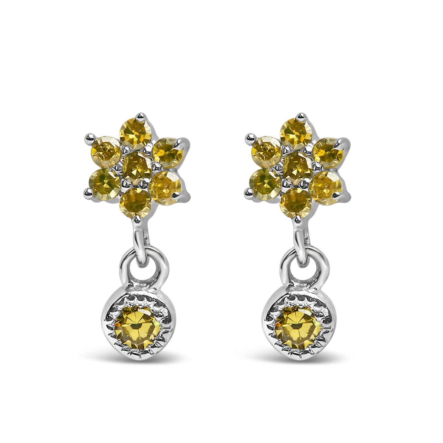 .925 Sterling Silver 1/10 Cttw Yellow Diamond Star Stud with Bezel Drop Dangle Earrings (Yellow Color, I2-I3 Clarity)