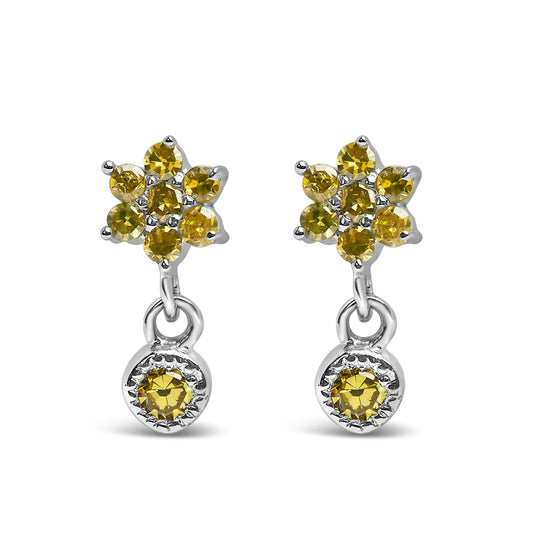 .925 Sterling Silver 1/10 Cttw Yellow Diamond Star Stud with Bezel Drop Dangle Earrings (Yellow Color, I2-I3 Clarity)