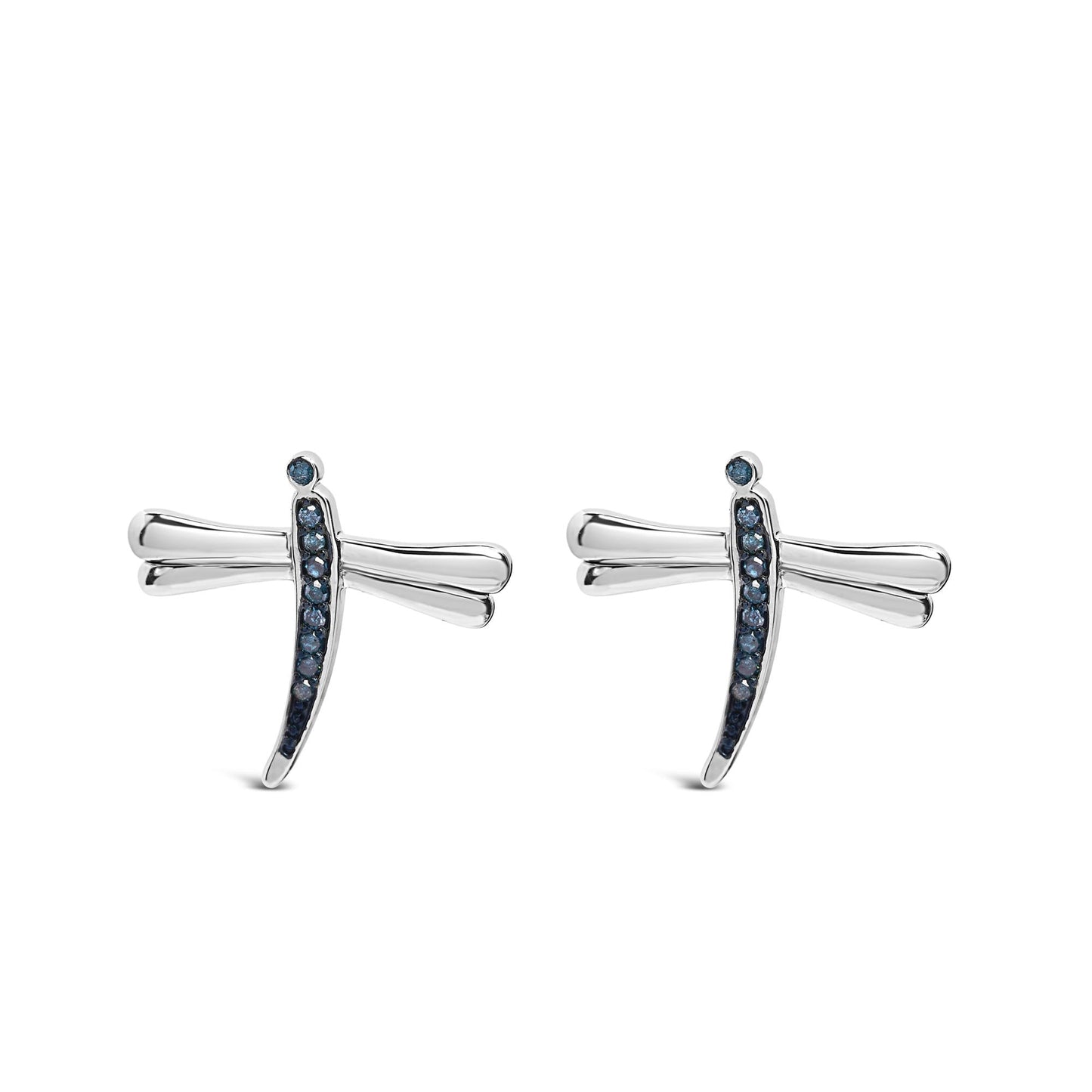 .925 Sterling Silver Blue Diamond Accent Dragonfly Stud Earrings (Blue Color, I2-I3 Clarity)