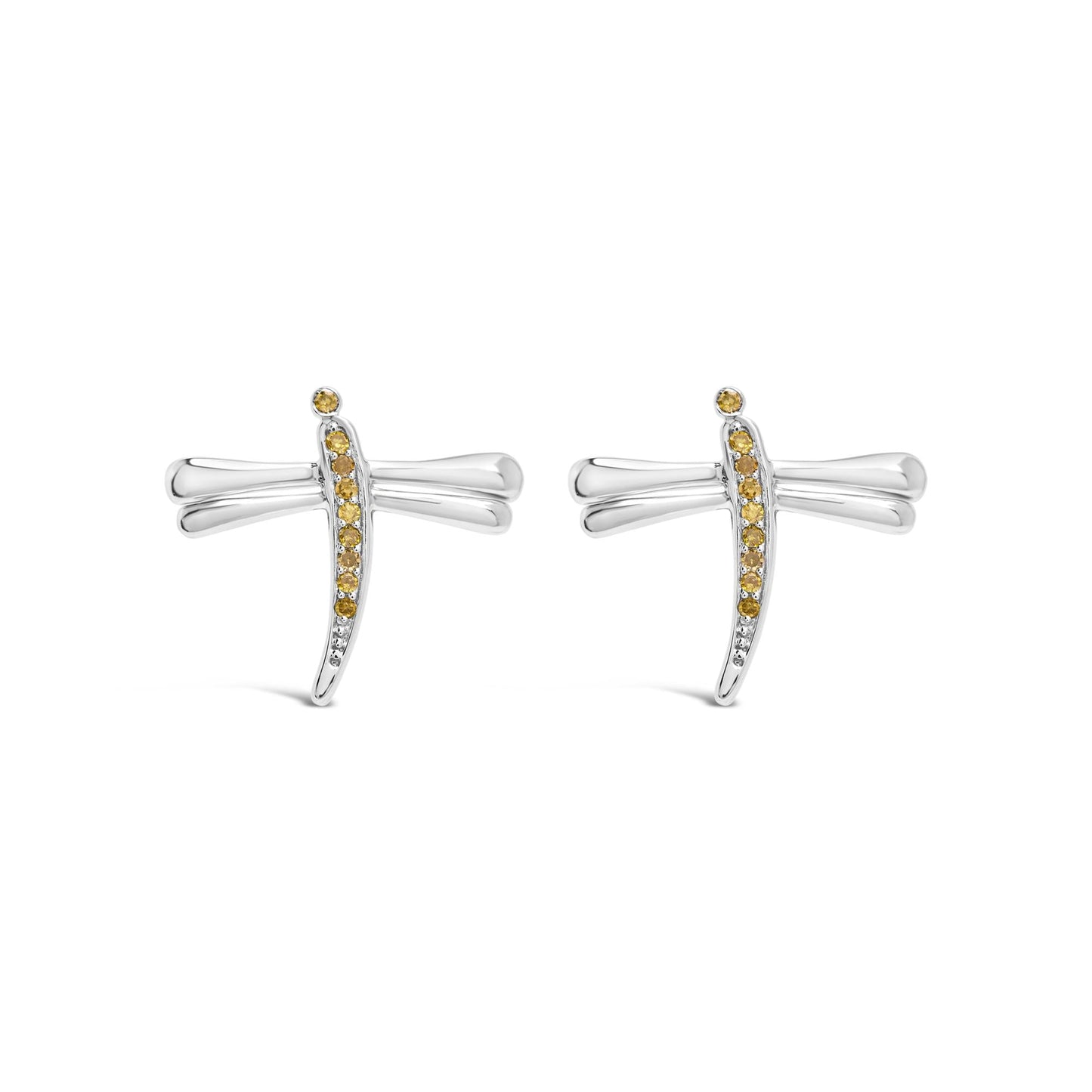.925 Sterling Silver Yellow Diamond Accent Dragonfly Stud Earrings (Yellow Color, I2-I3 Clarity)