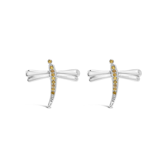 .925 Sterling Silver Yellow Diamond Accent Dragonfly Stud Earrings (Yellow Color, I2-I3 Clarity)