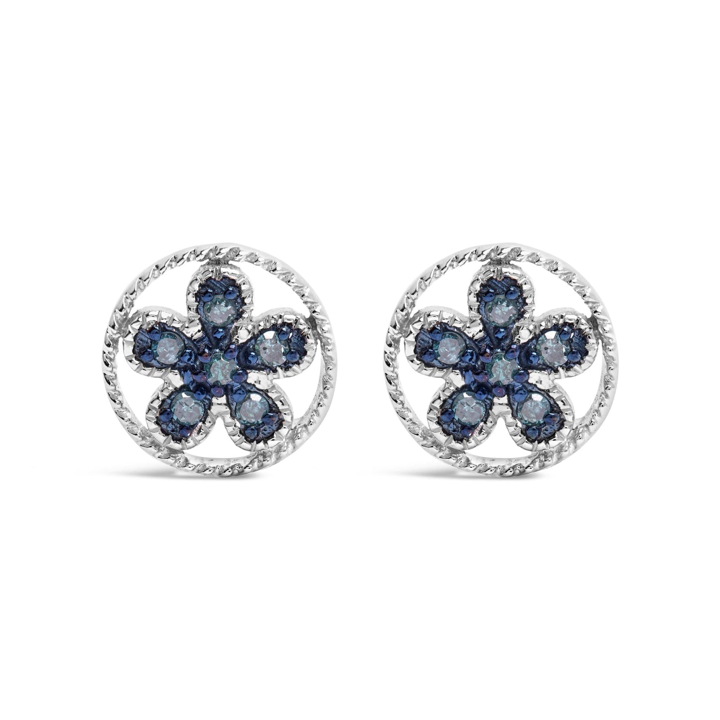 .925 Sterling Silver Blue Diamond Accent Star and Wheel Milgrain Style Stud Earrings (Blue Color, I2-I3 Clarity)