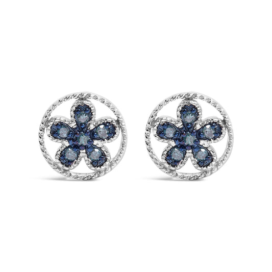 .925 Sterling Silver Blue Diamond Accent Star and Wheel Milgrain Style Stud Earrings (Blue Color, I2-I3 Clarity)