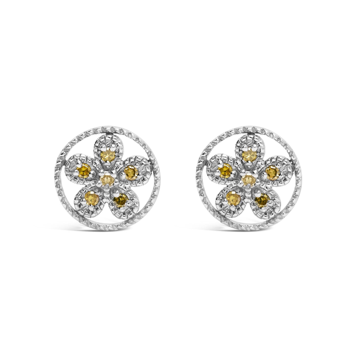 .925 Sterling Silver Yellow Diamond Accent Star and Wheel Milgrain Style Stud Earrings (Yellow Color, I2-I3 Clarity)