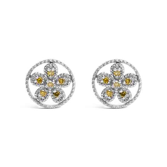 .925 Sterling Silver Yellow Diamond Accent Star and Wheel Milgrain Style Stud Earrings (Yellow Color, I2-I3 Clarity)
