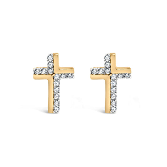 14K Yellow Gold Plated .925 Sterling Silver 1/10 Cttw Diamond Cross Stud Earring (I-J Color, I3 Clarity)