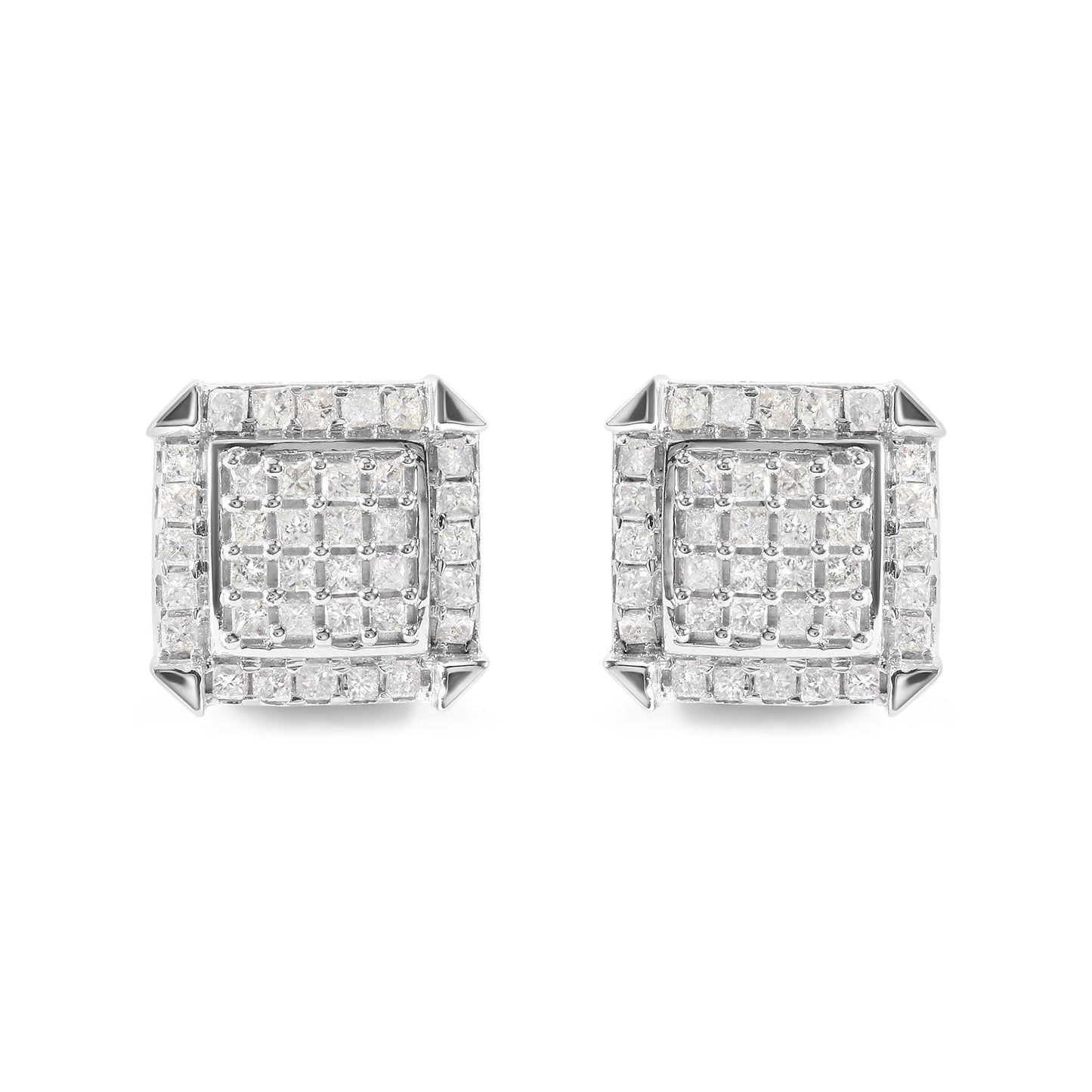 10K White Gold 1 1/10 Cttw Princess Diamond Composite and Halo Stud Earrings (I-J Color, I1-I2 Clarity)
