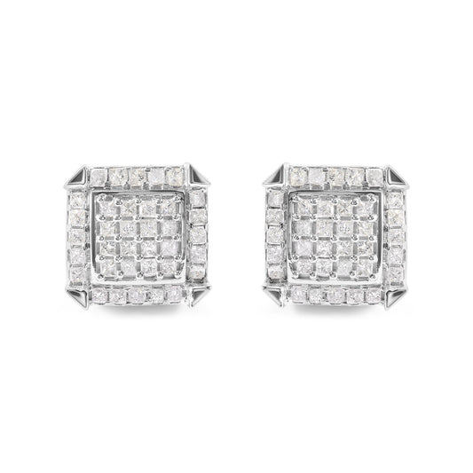 10K White Gold 1 1/10 Cttw Princess Diamond Composite and Halo Stud Earrings (I-J Color, I1-I2 Clarity)